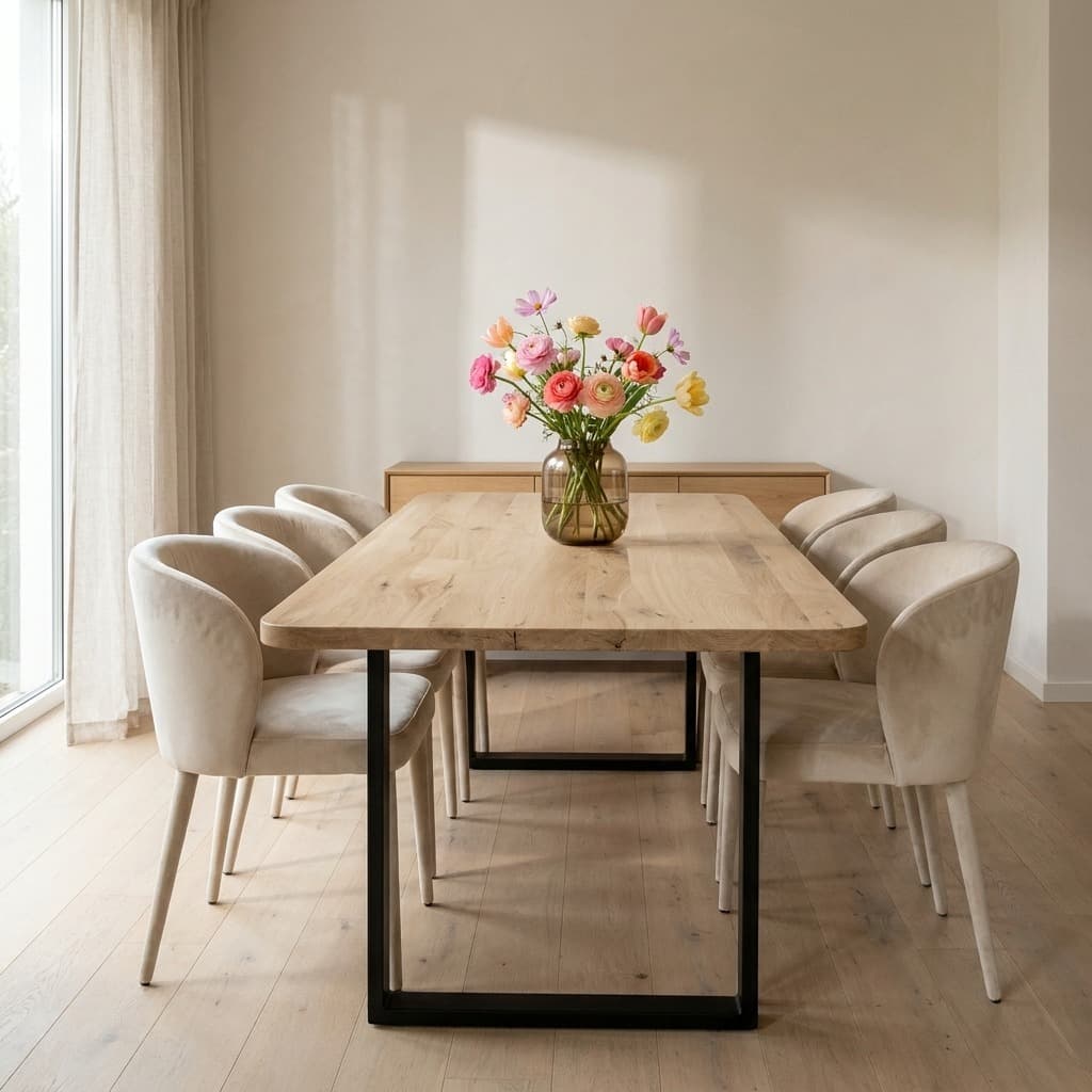 Eiken tafel met ronde hoeken en zwarte U-poten, zes stoelen