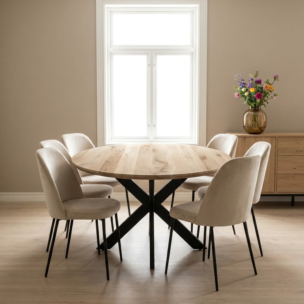 Ronde eiken tafel met zes stoelen voor een hoog raam